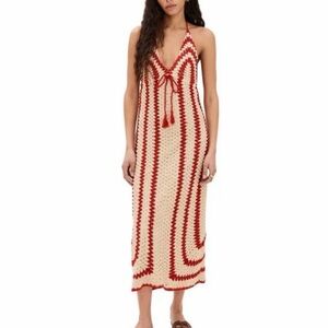 Crochet Halter Maxi Cover-Up Dress in Cream & Red